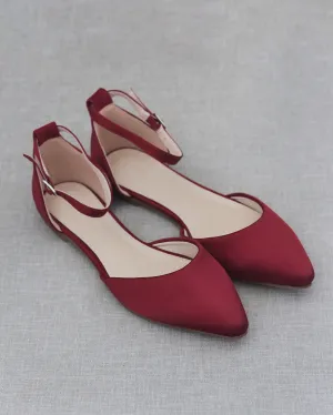 Satin Pointy Toe Flats with Ankle Strap