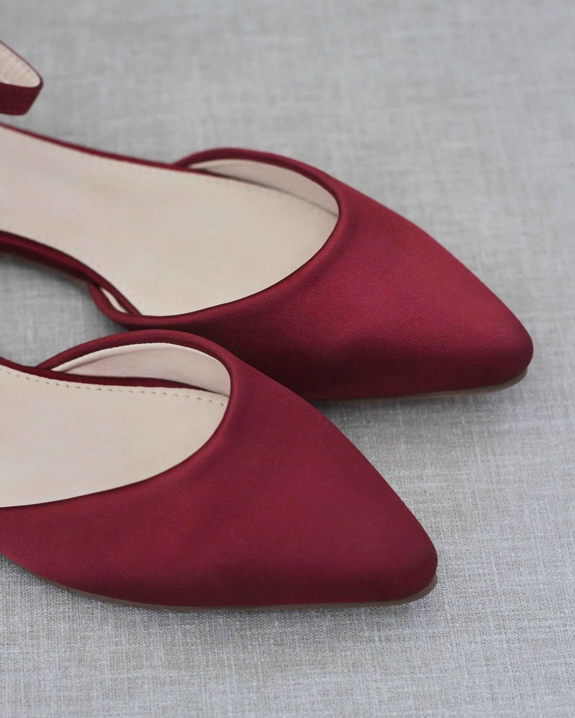 Satin Pointy Toe Flats with Ankle Strap