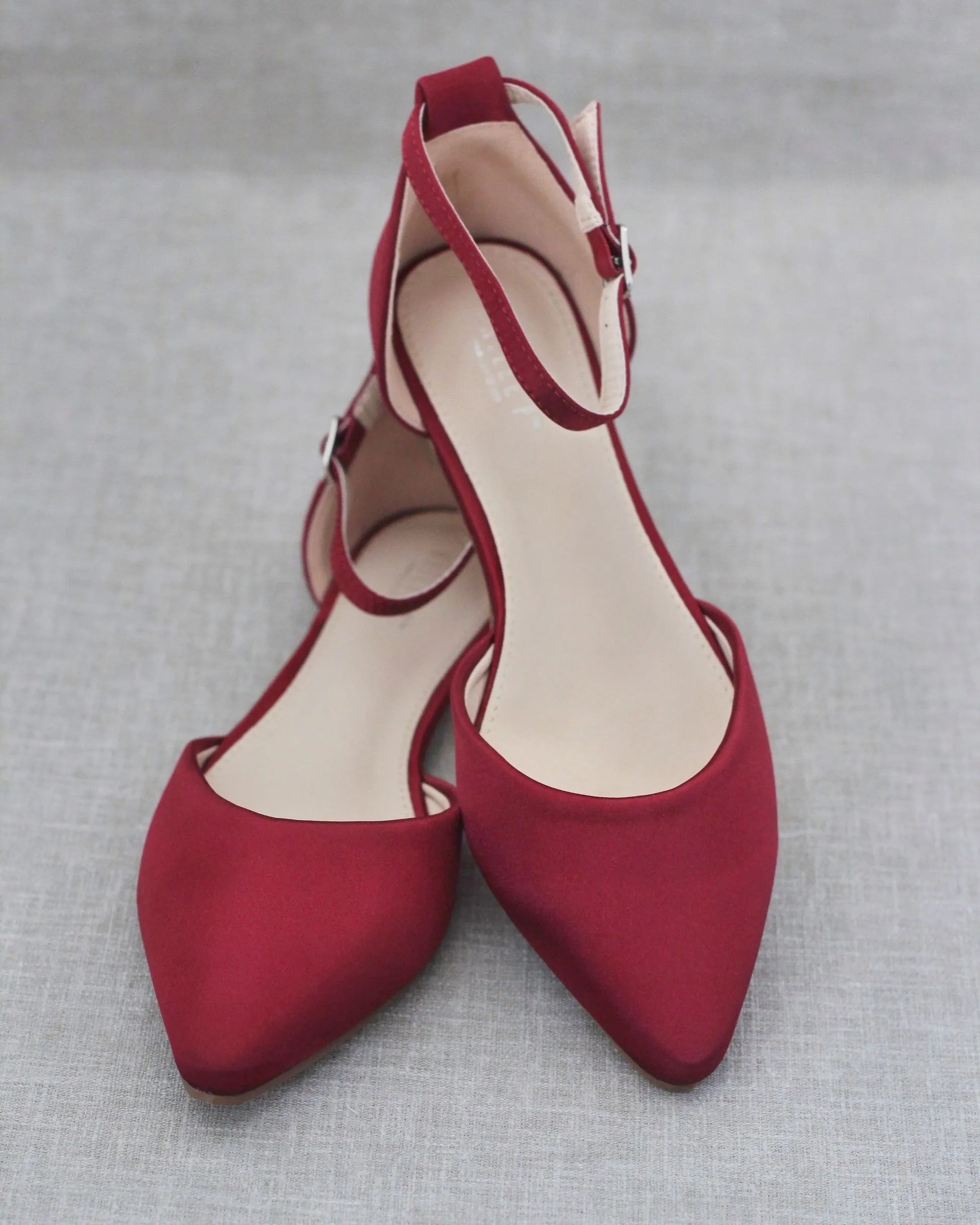 Satin Pointy Toe Flats with Ankle Strap