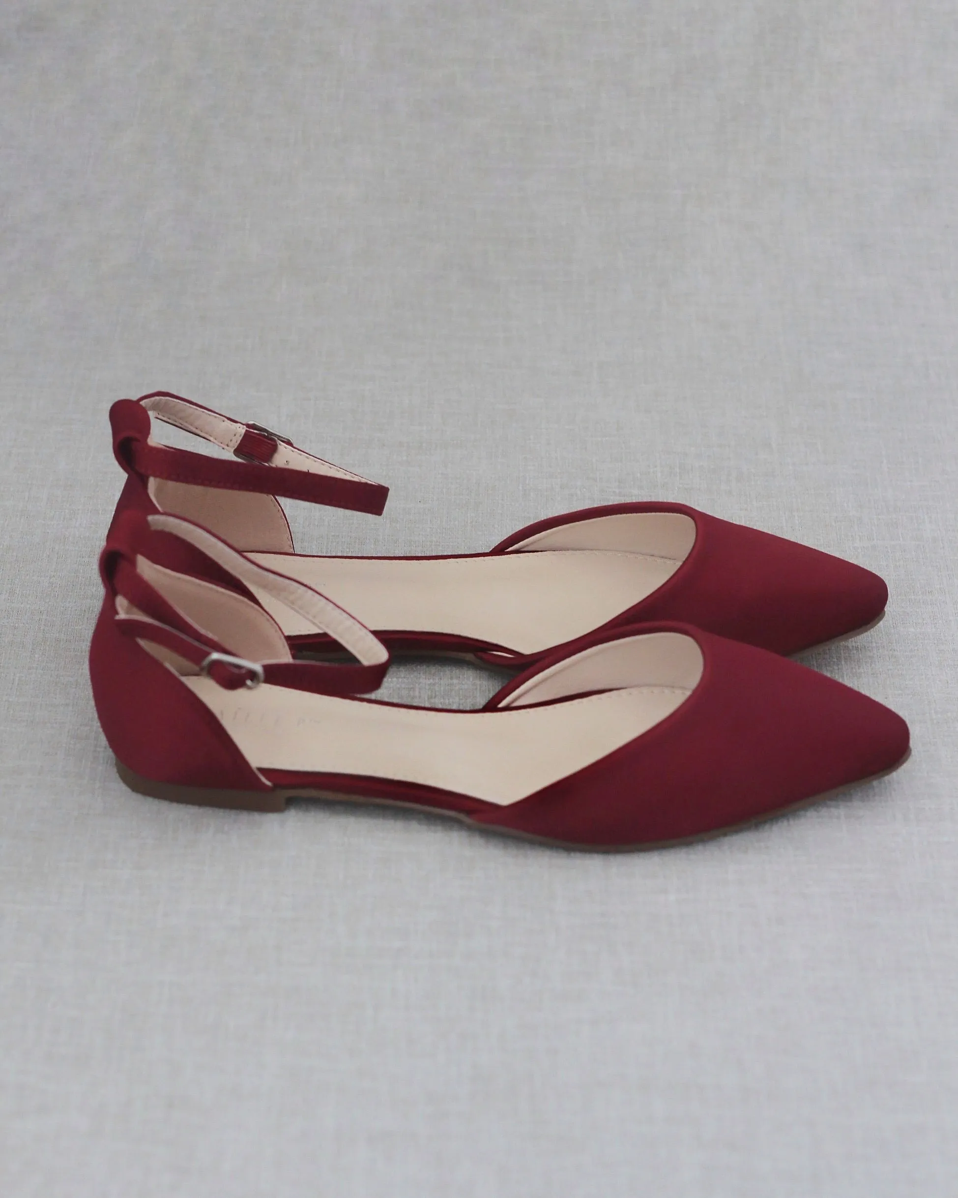 Satin Pointy Toe Flats with Ankle Strap