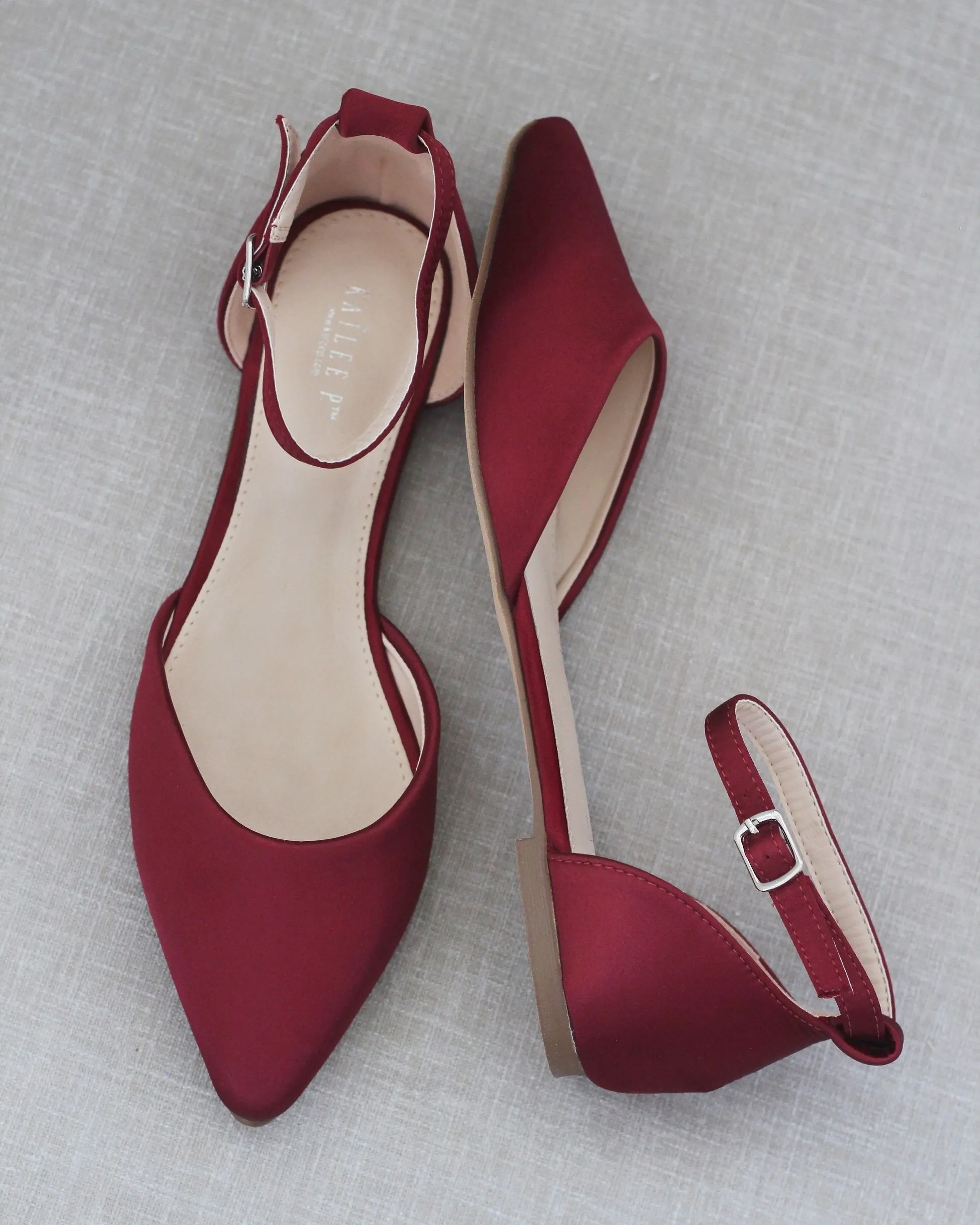 Satin Pointy Toe Flats with Ankle Strap