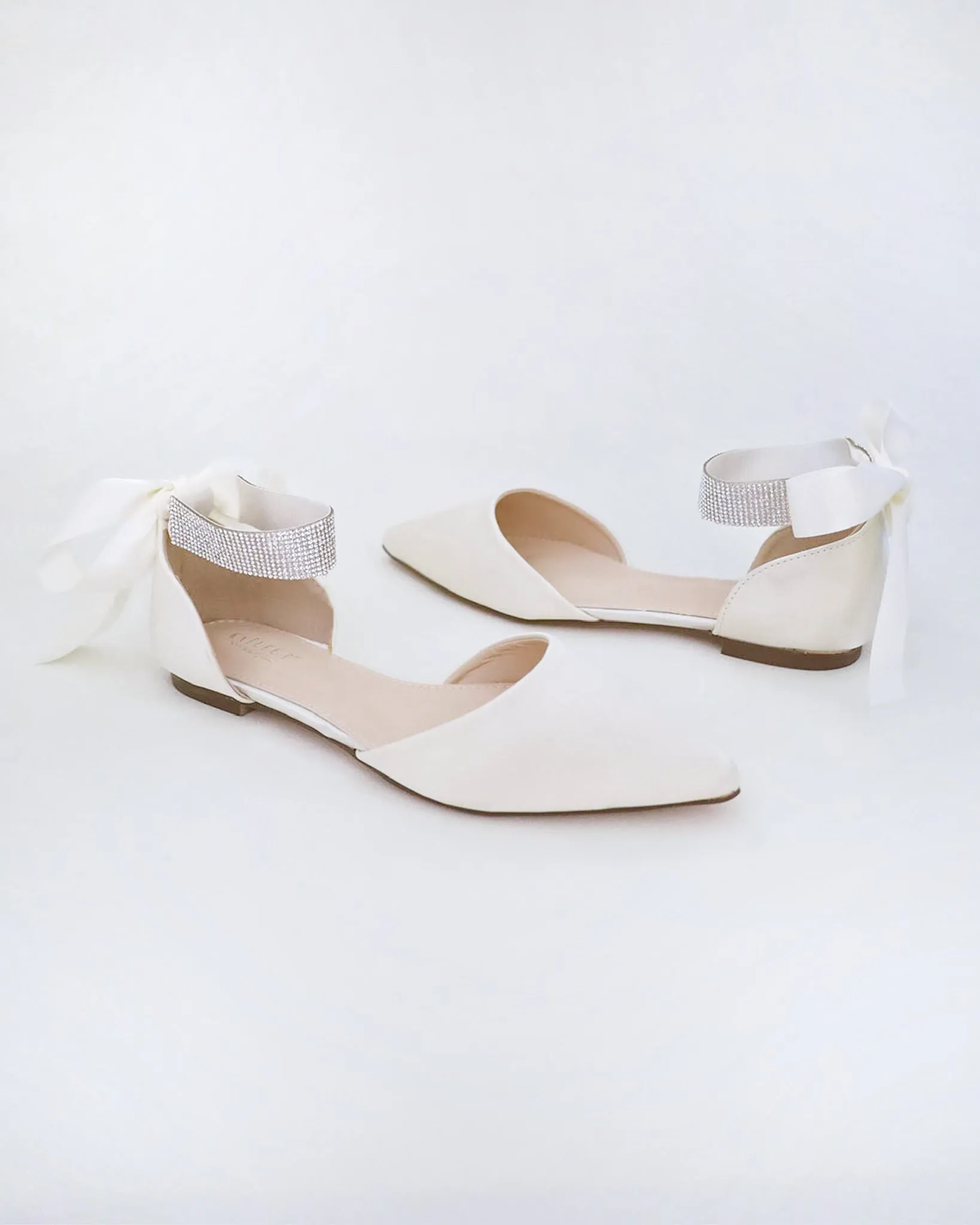 Satin Pointy Wedding Toe Flats with Rhinestones Strap
