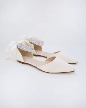 Satin Pointy Wedding Toe Flats with Rhinestones Strap