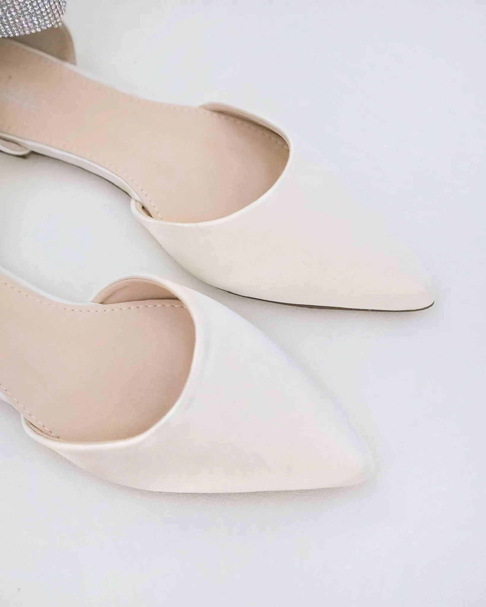 Satin Pointy Wedding Toe Flats with Rhinestones Strap