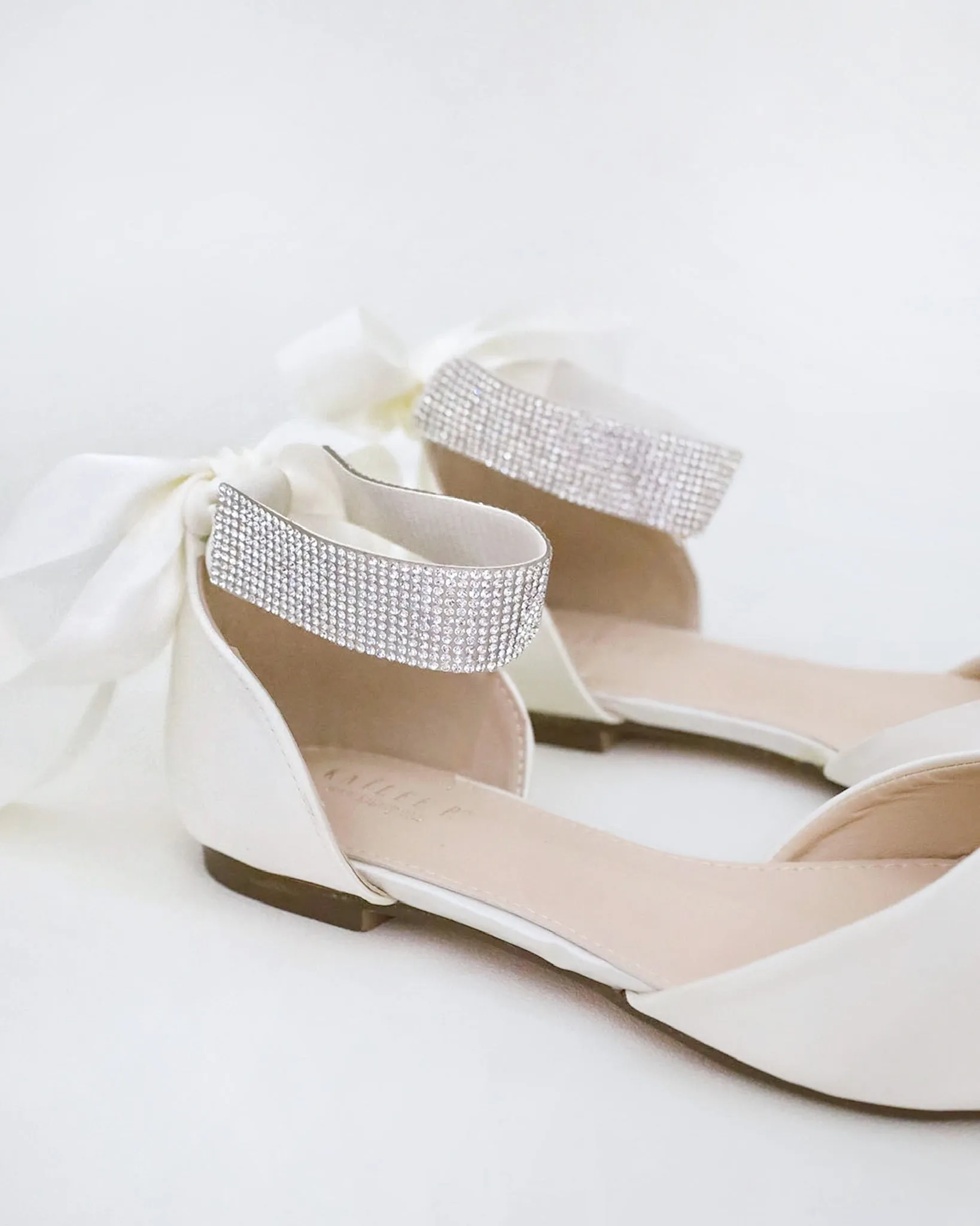 Satin Pointy Wedding Toe Flats with Rhinestones Strap