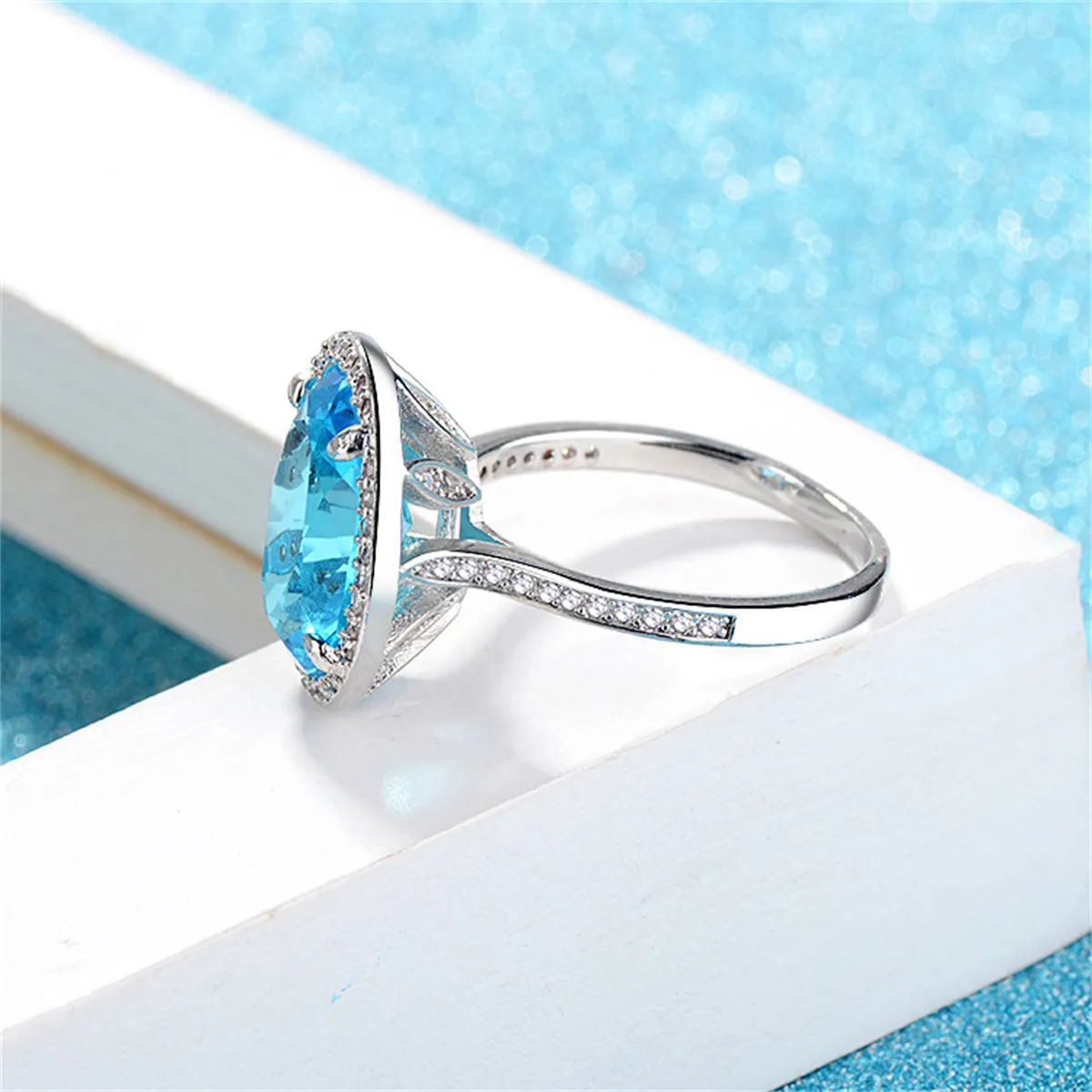 Sea Blue Crystal & Cubic Zirconia Oval-Cut Ring
