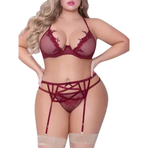 Seven 'til Midnight Wine Tyra Garter Applique Lingerie 3Pc Set Size Large