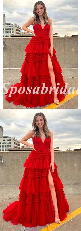 Sexy Red Tulle Spaghetti Straps V-Neck Side Slit A-Line Long Prom Dresses,PD3664
