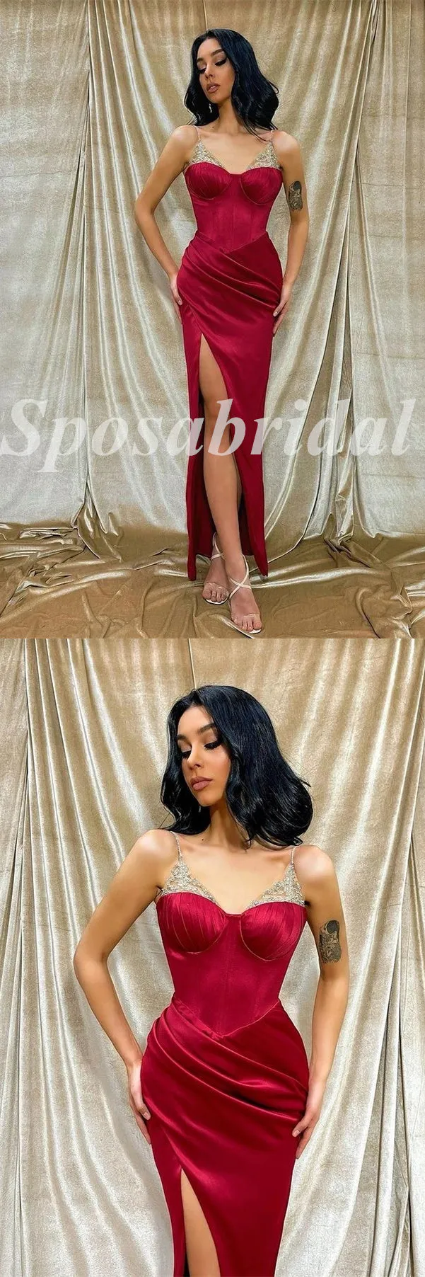 Sexy Satin Spaaghetti Straps V-Neck sleeveless Side Slit Mermaid Long Prom Dresses,PD3646