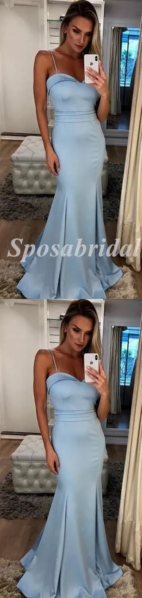 Sexy Satin Spaghetti Srtraps V-Neck Sleeveless Mermaid Long Prom Dresses, PD3597