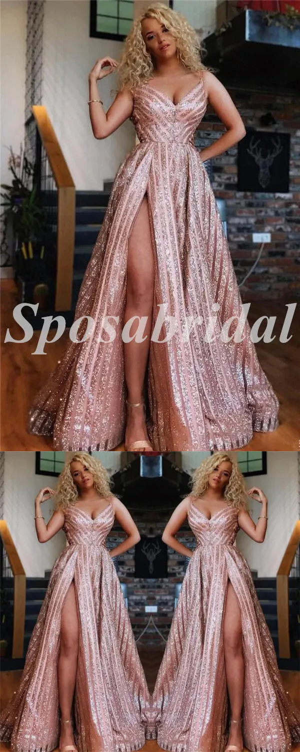 Sexy Sequin Tulle Spaghetti Straps V-Neck Sleeveless Side slit A-Line Long Prom Dresses, PD3603