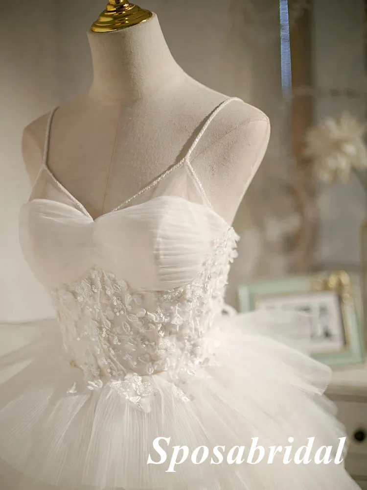 Sexy White Tulle Spaghetti Straps V-Neck A-Line Mini Dresses/ Homecoming Dresses With Beading, PD3571