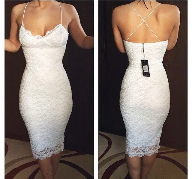 Sheath White Full Lace Strap V-neck Backless Knee Length Homecoming Dresses