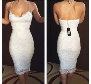 Sheath White Full Lace Strap V-neck Backless Knee Length Homecoming Dresses