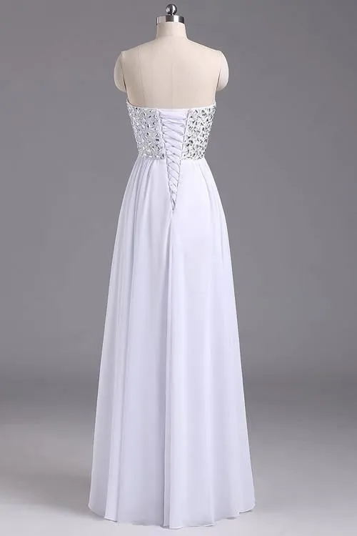 Simple Sweetheart Chiffon Backless Long White Prom Dress With Beading TP0118