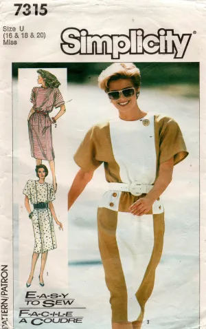 Simplicity 7315 Womens Pullover Dress with Colour Block Options 1980s Vintage Sewing Pattern Size 16 - 20