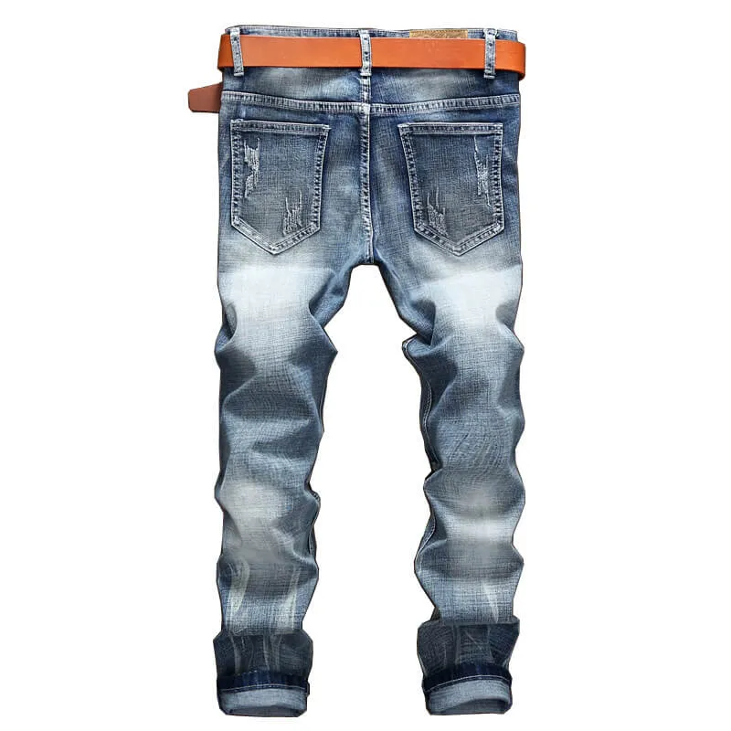 Slim Elasticity Men's Ripped Jeans Mid Waist Jeans Straight Pants