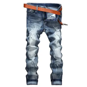 Slim Elasticity Men's Ripped Jeans Mid Waist Jeans Straight Pants