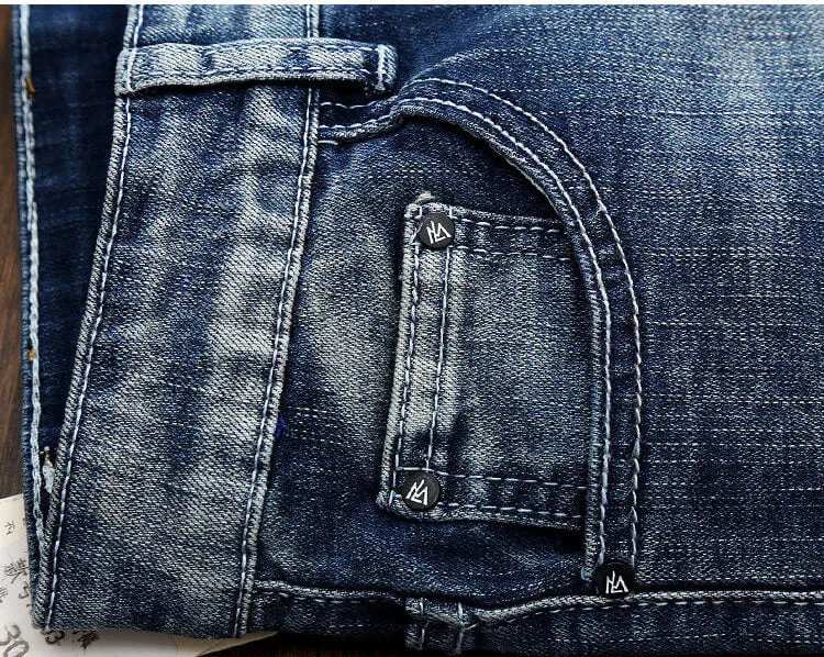 Slim Elasticity Men's Ripped Jeans Mid Waist Jeans Straight Pants