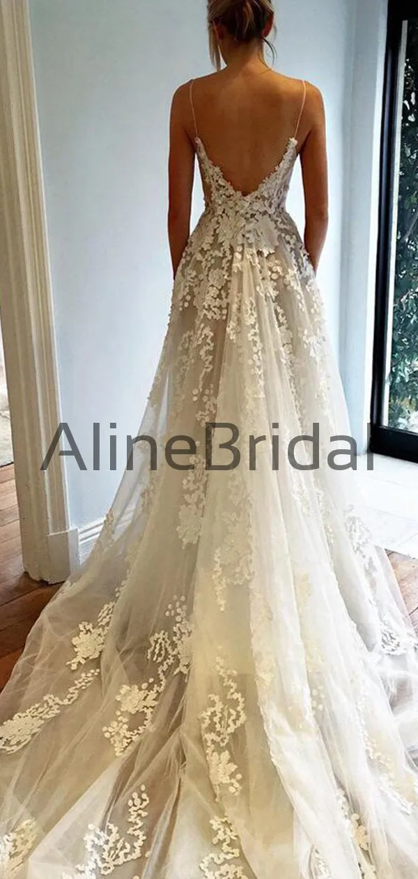 Spaghetti Strap Lace Applique Tulle A Line With Train Long Wedding Dresses, WD1115