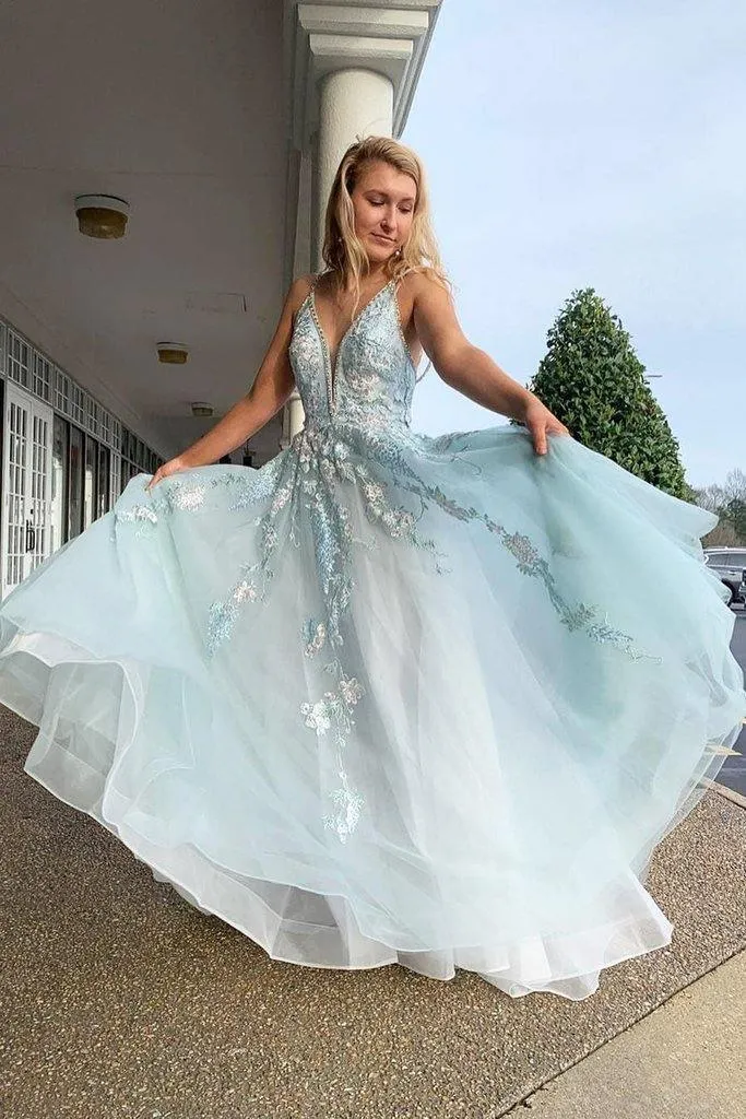 Spaghetti Straps Floral Appliques Long Prom Dress With Beading TP0863