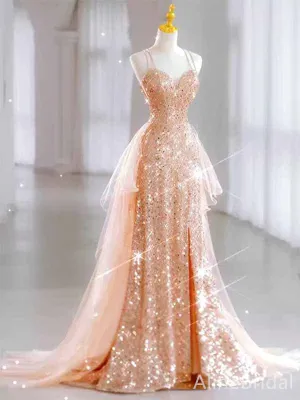 Sparkly Sequins Sweetheart Spaghetti Strap Mermaid Long Prom Dress,PD381995