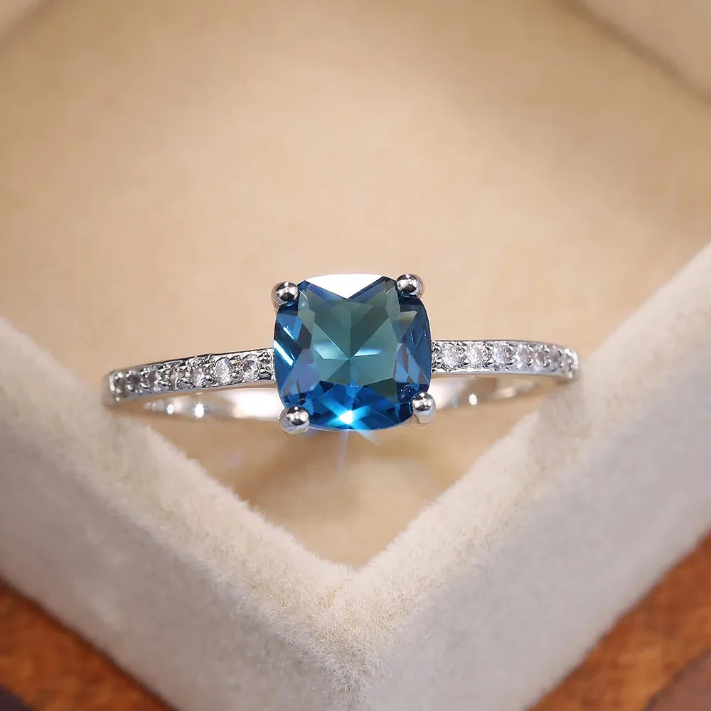 Square Blue Stone Series Women's Rings Simple Minimalist Ring Band Elegant Promise Engagement Cubic Zirconia Rings