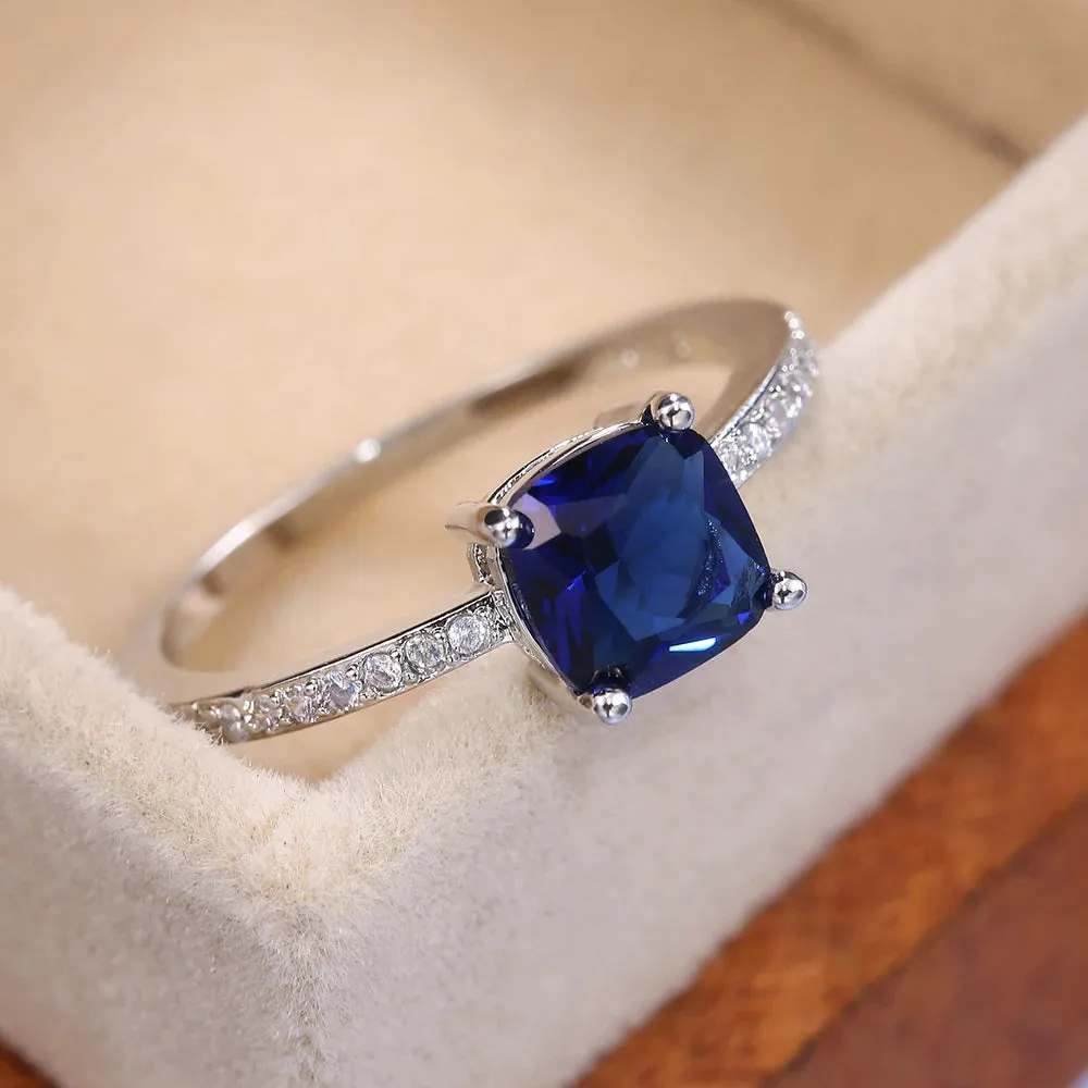 Square Blue Stone Series Women's Rings Simple Minimalist Ring Band Elegant Promise Engagement Cubic Zirconia Rings
