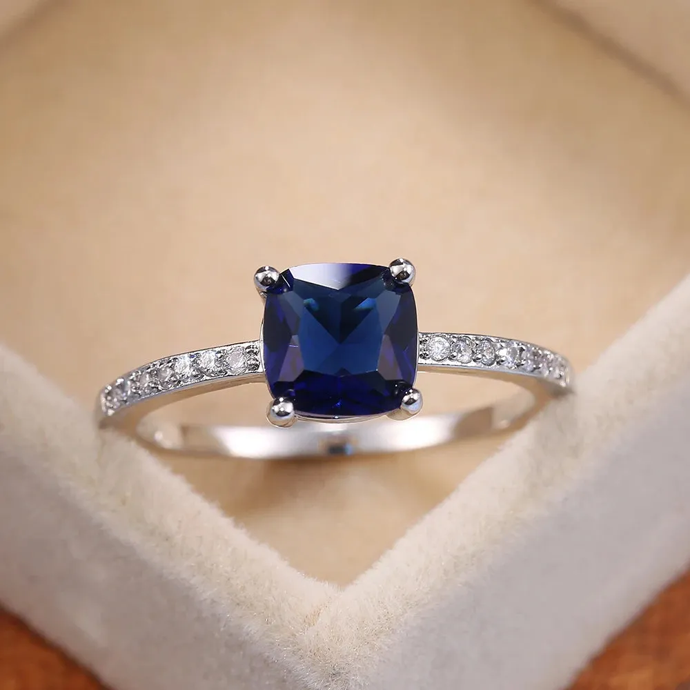 Square Blue Stone Series Women's Rings Simple Minimalist Ring Band Elegant Promise Engagement Cubic Zirconia Rings