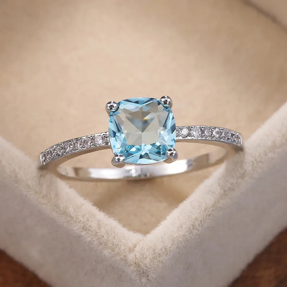 Square Blue Stone Series Women's Rings Simple Minimalist Ring Band Elegant Promise Engagement Cubic Zirconia Rings