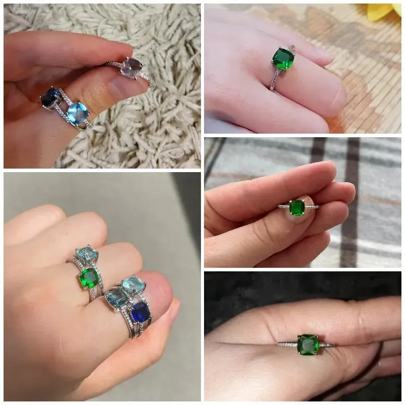 Square Blue Stone Series Women's Rings Simple Minimalist Ring Band Elegant Promise Engagement Cubic Zirconia Rings