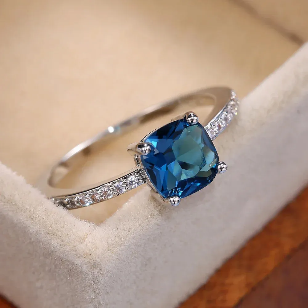 Square Blue Stone Series Women's Rings Simple Minimalist Ring Band Elegant Promise Engagement Cubic Zirconia Rings