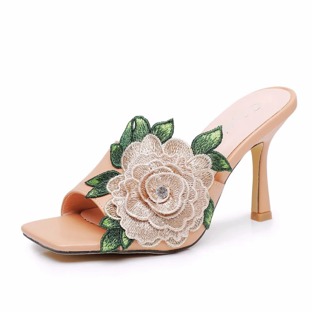 Square Toe Elegant Embroidered Flower Women's Shoes Fish Mouth Shallow Sandals