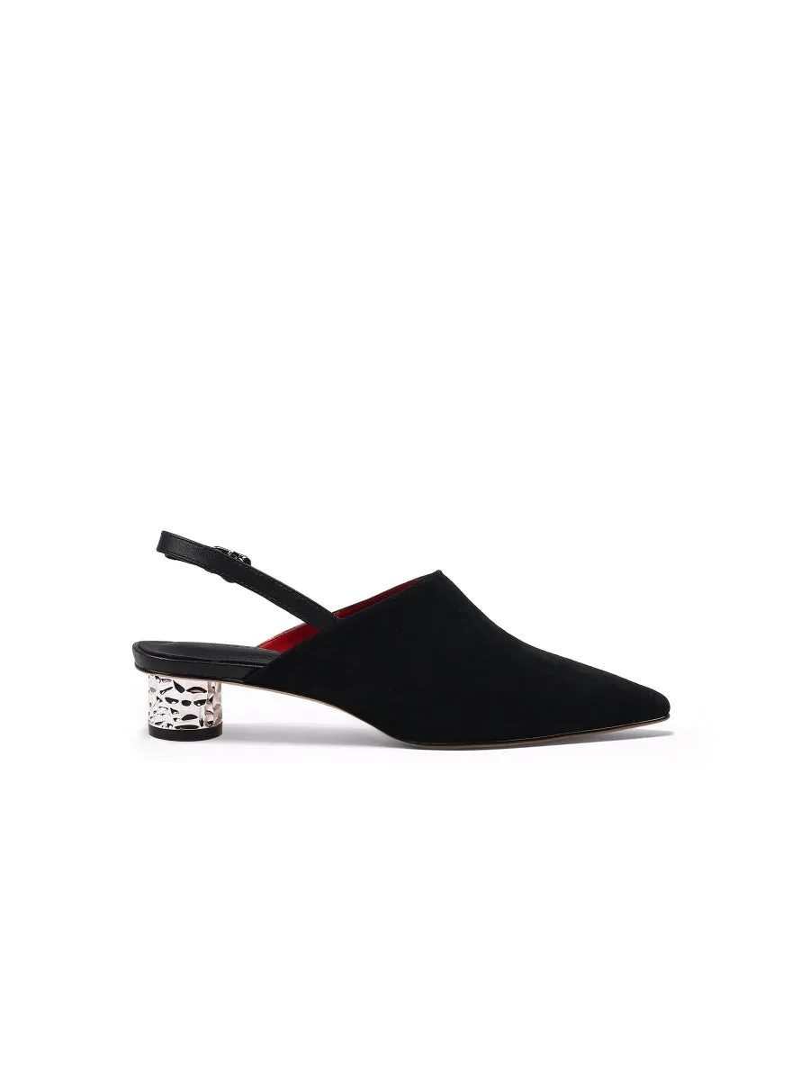 Strap-Detail Crystal Heel Leather D'Orsay  Point Toe Pumps Sandals Loafers- Black