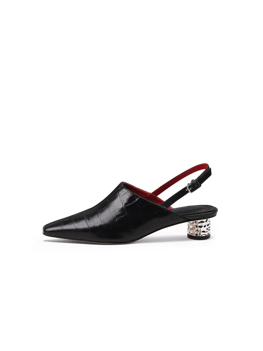Strap-Detail Crystal Heel Leather D'Orsay  Point Toe Pumps Sandals Loafers- Black
