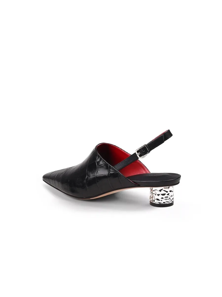 Strap-Detail Crystal Heel Leather D'Orsay  Point Toe Pumps Sandals Loafers- Black