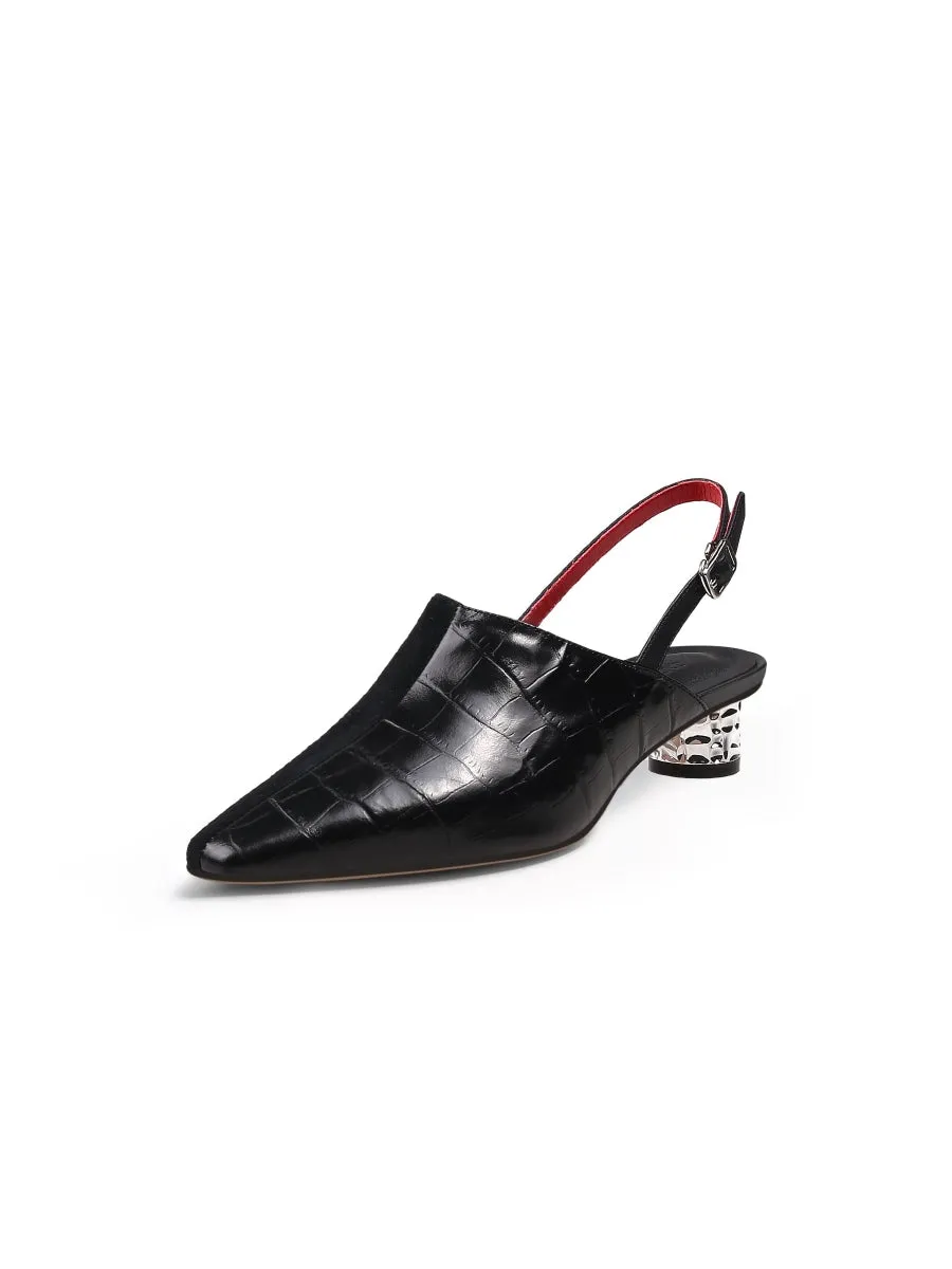 Strap-Detail Crystal Heel Leather D'Orsay  Point Toe Pumps Sandals Loafers- Black