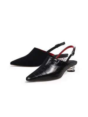 Strap-Detail Crystal Heel Leather D'Orsay  Point Toe Pumps Sandals Loafers- Black