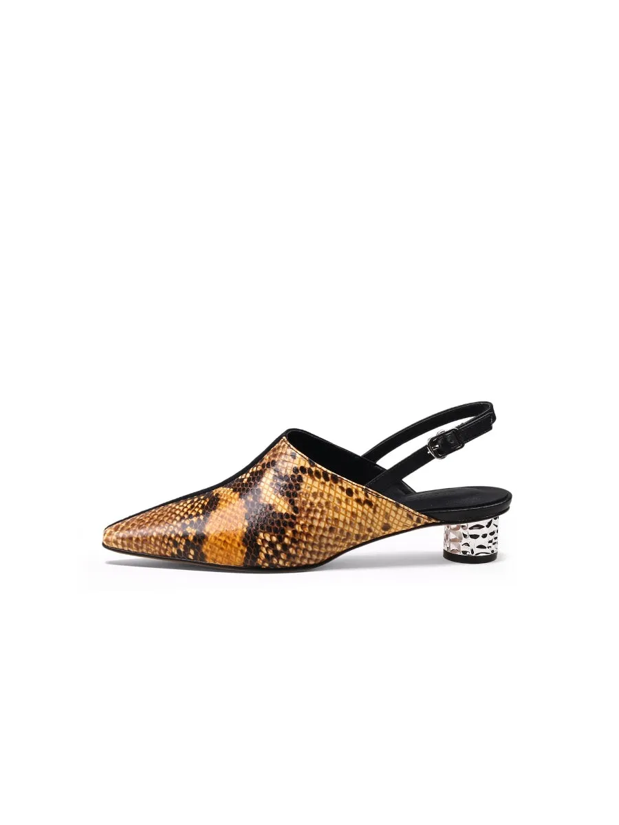 Strap-Detail Crystal Low Heel Point Toe Leather D'Orsay Pumps Sandals Loafers- Brown