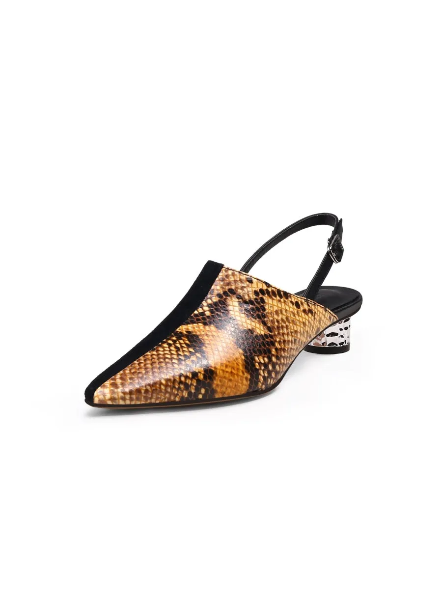 Strap-Detail Crystal Low Heel Point Toe Leather D'Orsay Pumps Sandals Loafers- Brown