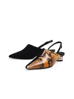 Strap-Detail Crystal Low Heel Point Toe Leather D'Orsay Pumps Sandals Loafers- Brown