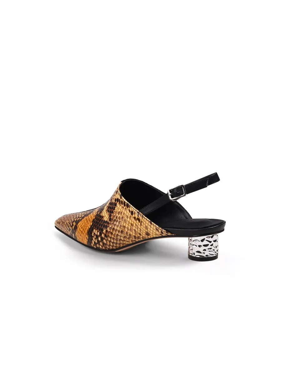 Strap-Detail Crystal Low Heel Point Toe Leather D'Orsay Pumps Sandals Loafers- Brown