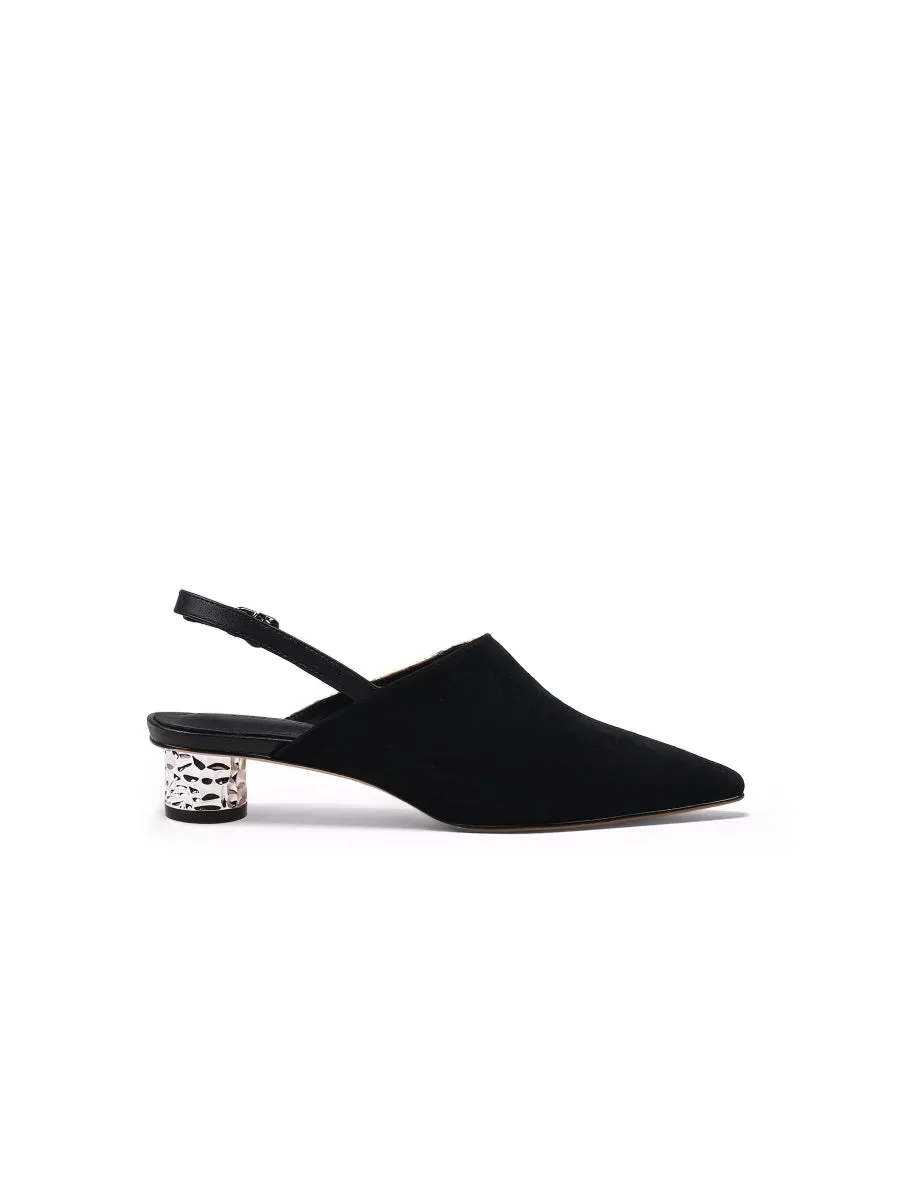 Strap-Detail Crystal Low Heel Point Toe Leather D'Orsay Pumps Sandals Loafers- Brown