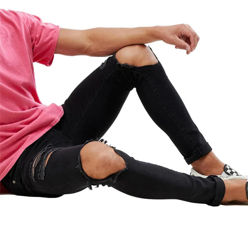 Stretch Denim Slim Fit Men's Large Ripped Jeans Straight Pants