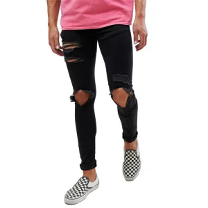 Stretch Denim Slim Fit Men's Large Ripped Jeans Straight Pants