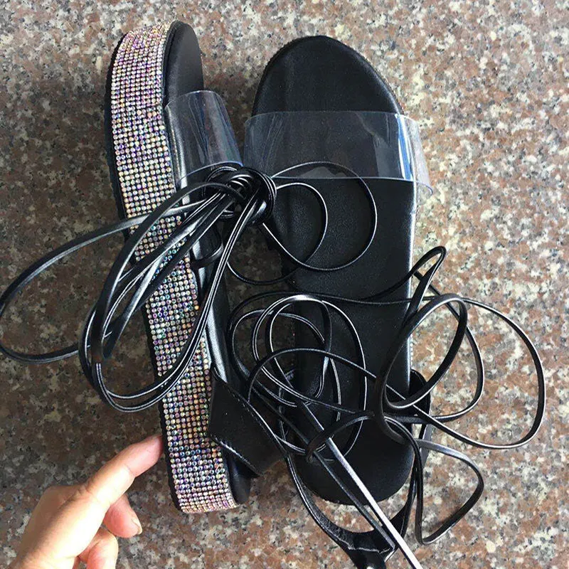 Summer Platform Sandals Ankle Straps Sandalias Handmade Rhinestones Sexy Open Toe Beach Shoes Sandalias Mujer
