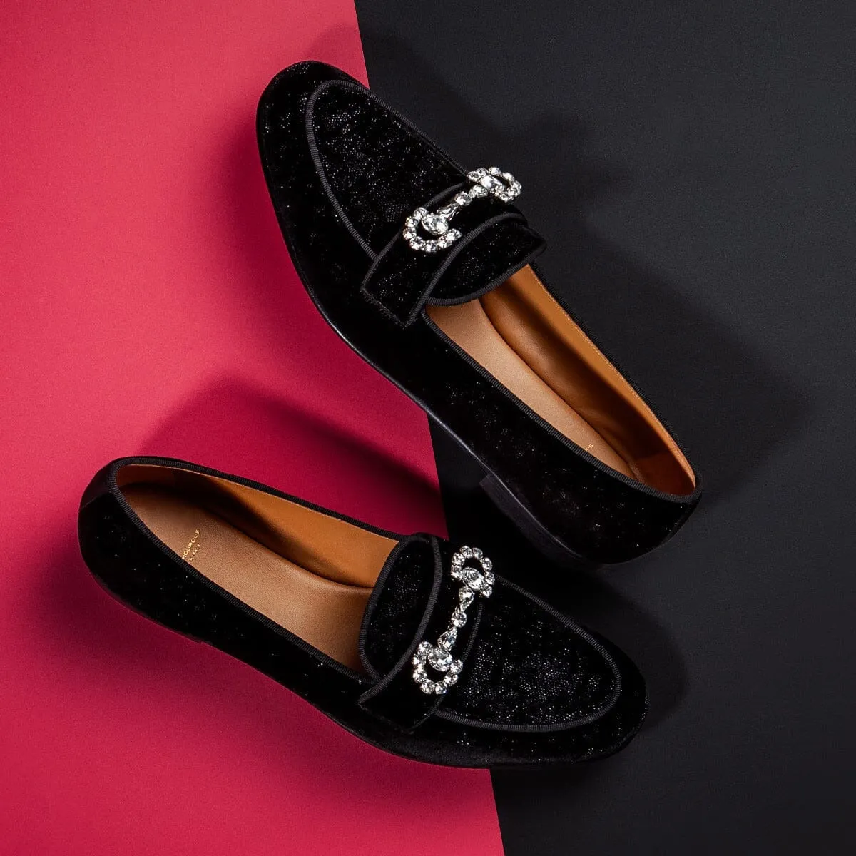 SUPERGLAMOUROUS Chakra Plum Men's Shoes Black Shiny Velvet Slip-On Loafers (SPGM1299)