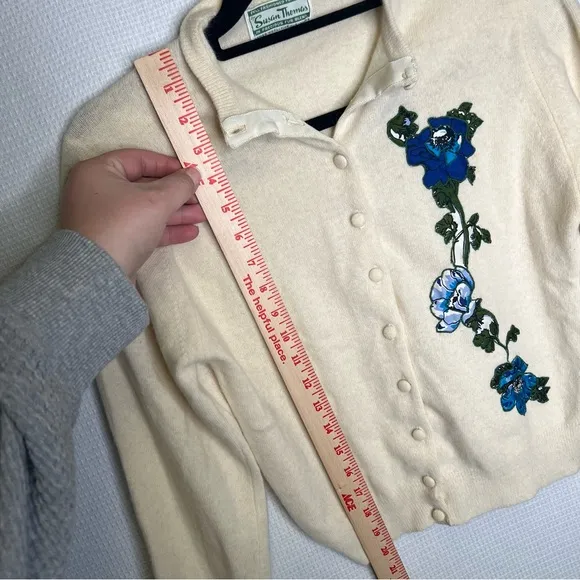Susan Thomas | Women's Cream Cardigan with Blue Floral Design