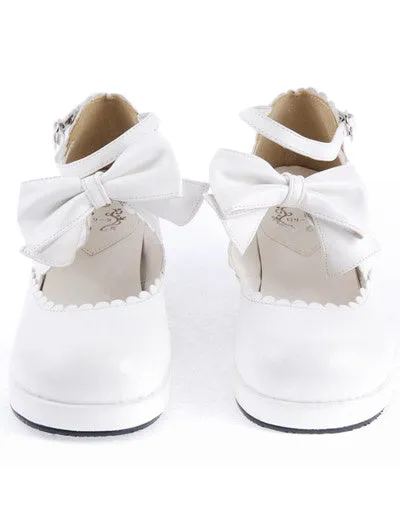 Sweet White Chunky Heels Lolita Shoes Ankle Strap Bow Decor Round Toe