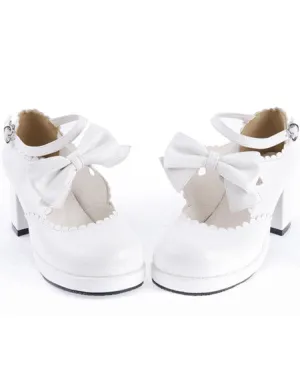 Sweet White Chunky Heels Lolita Shoes Ankle Strap Bow Decor Round Toe